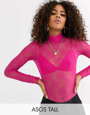 ASOS DESIGN Tall lace turtle neck body in pink Pink