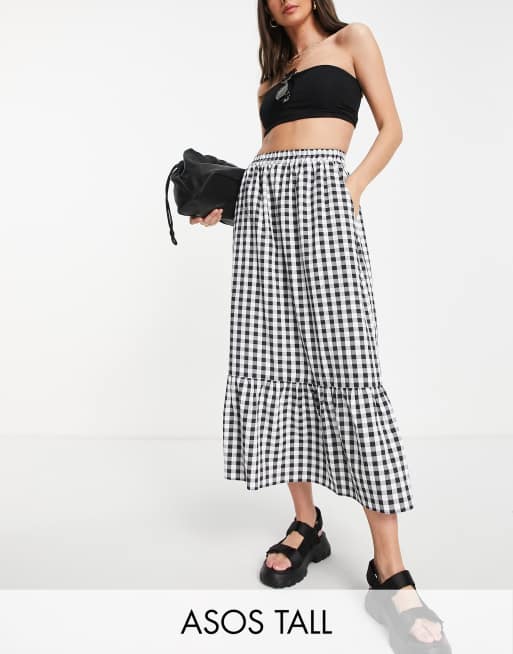 ASOS DESIGN Tall – Kaskadowa spódnica midi w kratę vichy z kieszeniami