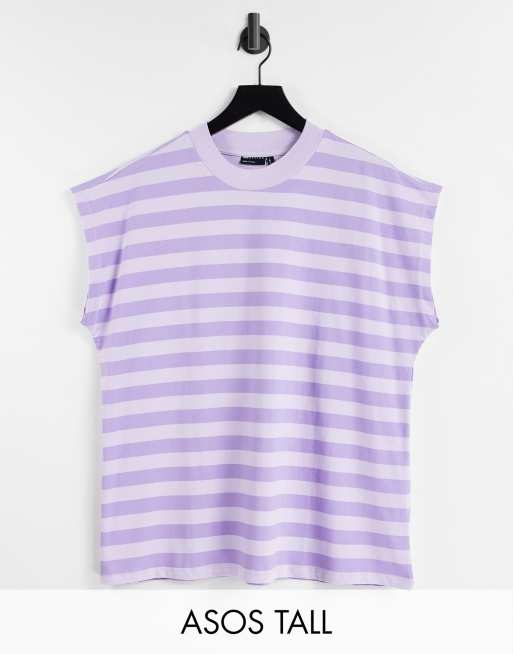 ASOS DESIGN Tall – Kastenförmiges, ärmelloses T-Shirt in Flieder gestreift 