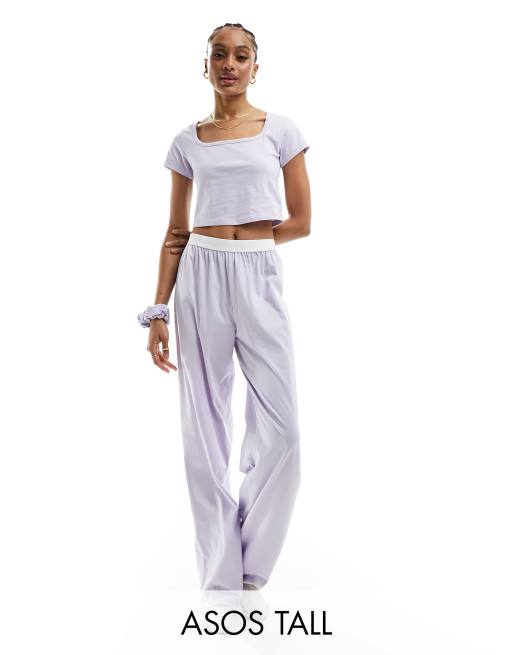 ASOS DESIGN Tall - Katoenen pyjamabroek met zichtbare tailleband en picotrandje in lila