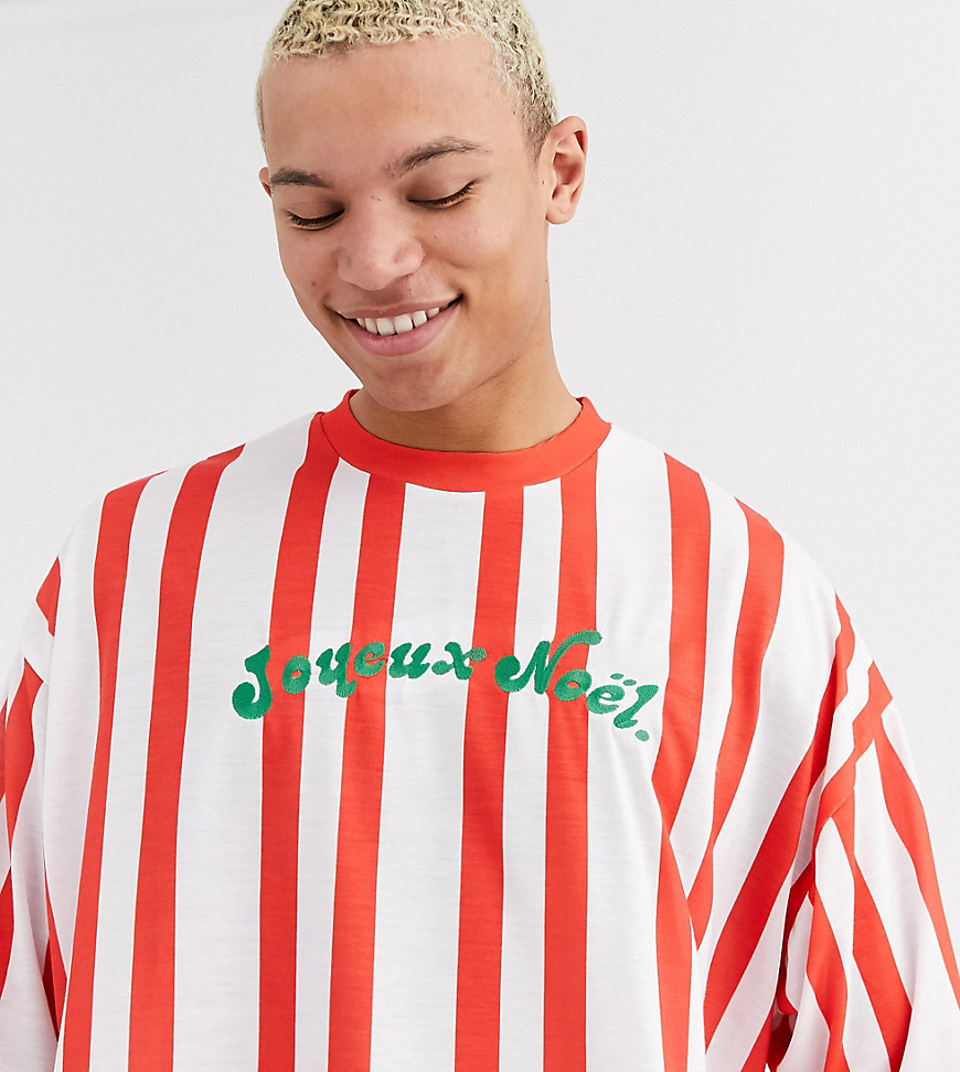 ASOS DESIGN Tall - Kerstmis - Oversized T-shirt met strepen en borduursel-Wit