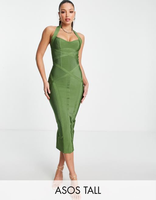 ASOS DESIGN Tall – Khakifärgad bandageklänning i midilängd med halterneck