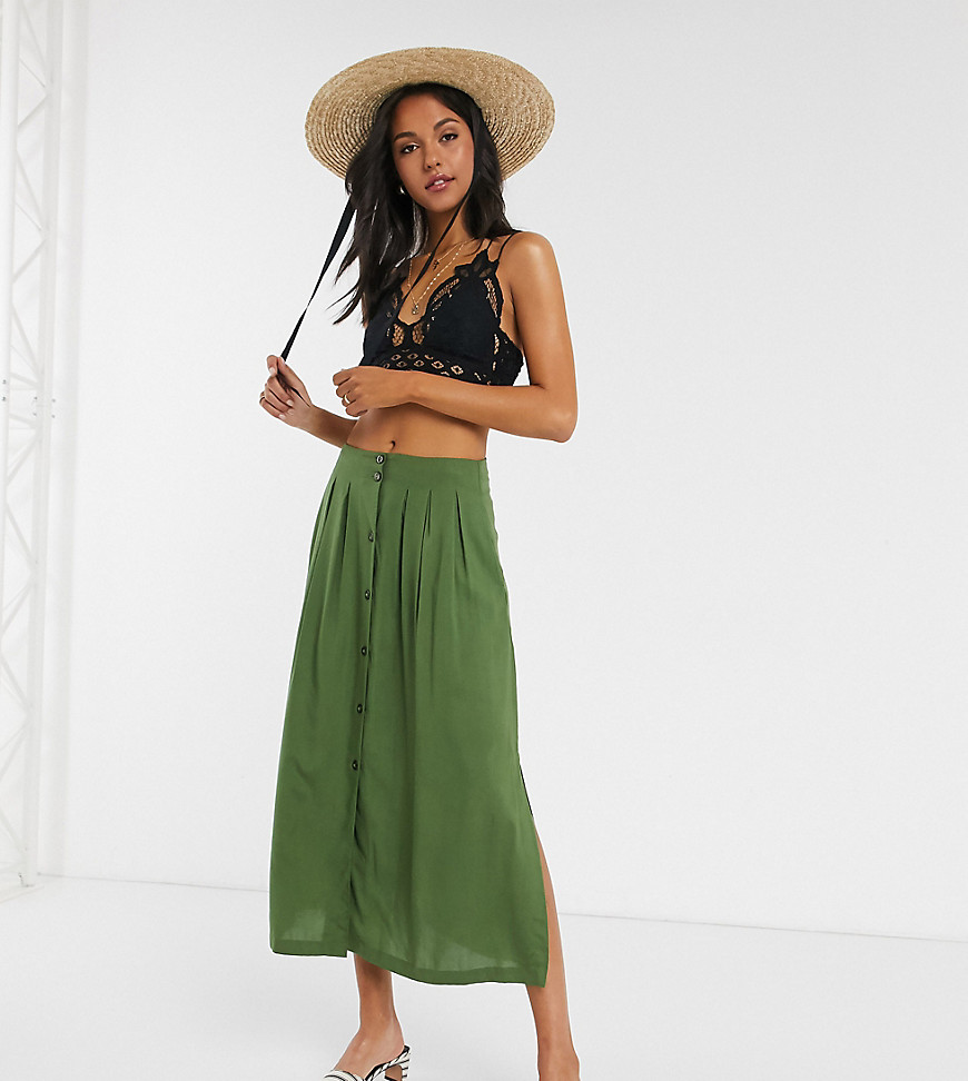 ASOS DESIGN Tall — Khakifarvet nederdel med knapper-Grøn