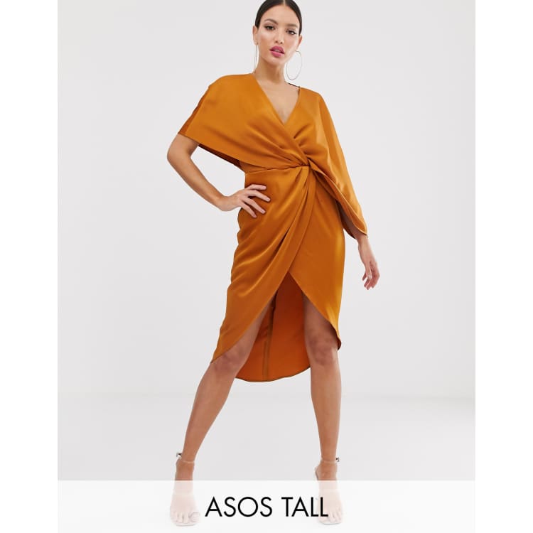 Asos design satin kimono midi dress store with knot front and asymmetric sleeve