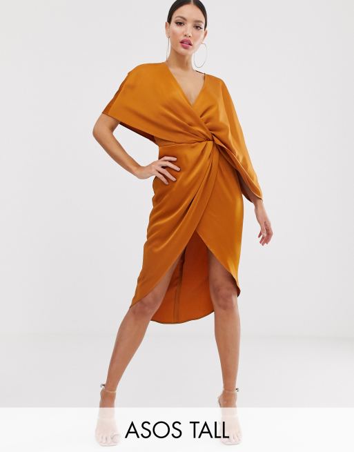 ASOS DESIGN Tall kimono midi dress with knot front and asymmetric sleeve in satin