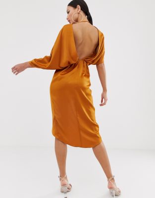 asos design kimono midi dress in satin with asymmetric sleeve