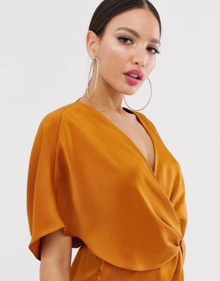 asos design kimono midi dress in satin with asymmetric sleeve
