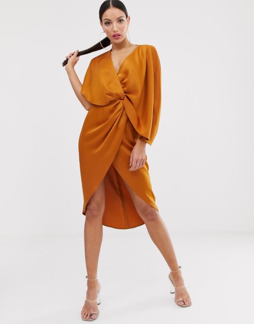 ASOS DESIGN Tall kimono midi dress with knot front and asymmetric sleeve in  satin | ASOS