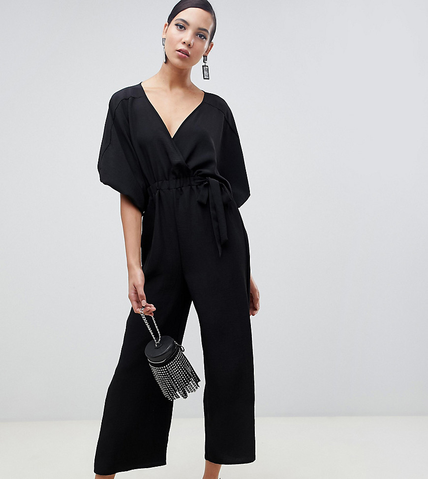 ASOS DESIGN Tall kimono sleeve jumpsuit with wrap and culotte leg-Purple
