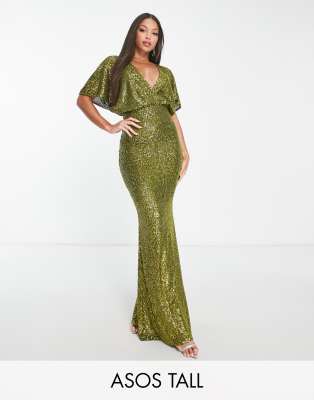 ASOS DESIGN puff sleeve satin sequin maxi dress in olive