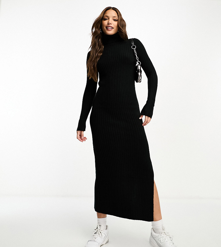 Asos Tall Asos Design Tall Knit Maxi Dress With High Neck And Side Split In Black