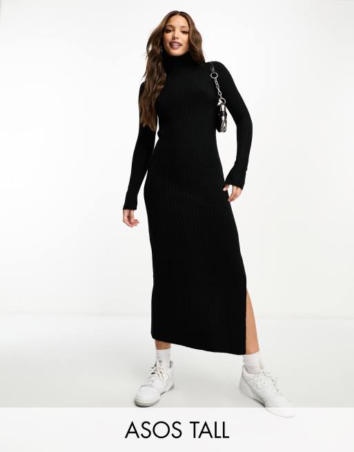 ASOS DESIGN Tall knit maxi dress with high neck and side split in black