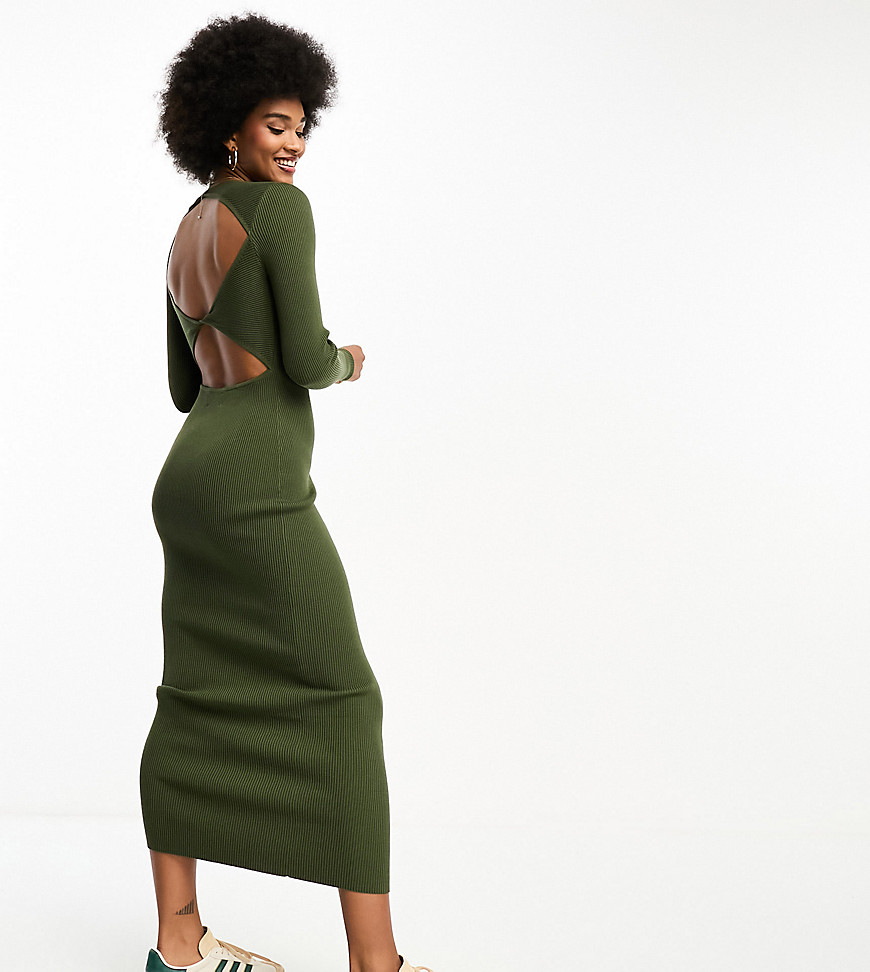 Asos Tall Asos Design Tall Knit Midi Dress With Cut-out Back Detail In Khaki-green