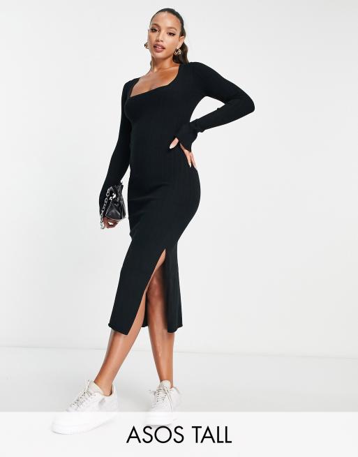 ASOS DESIGN Tall knit midi dress with square neck in black