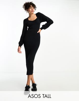 Asos Tall Asos Design Tall Knit Midi Dress With Sweetheart Neck In Black