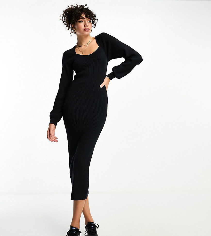 Asos Tall Asos Design Tall Knit Midi Dress With Sweetheart Neck In Black
