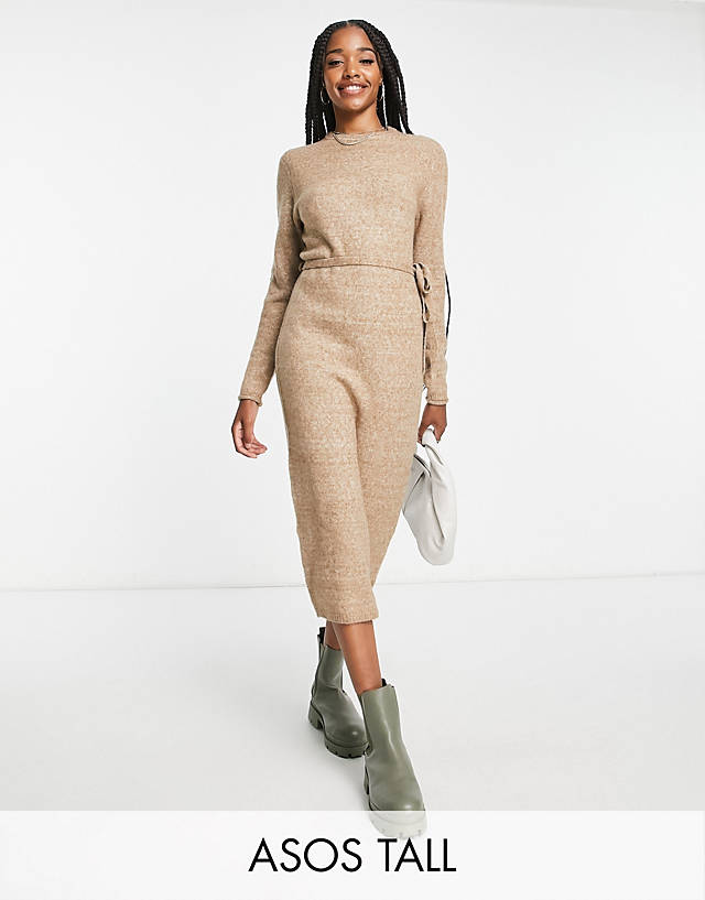 ASOS DESIGN Tall knit midi dress with tie waist in taupe