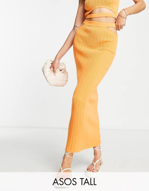 ASOS DESIGN Tall knit midi skirt with cut out strap detail in orange part of a set