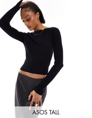 Asos Tall Asos Design Tall Knitted Boat Neck Long Sleeve Top In Black
