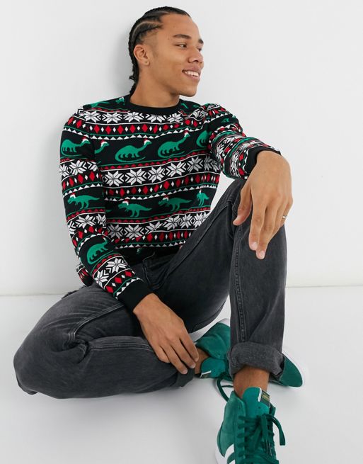 ASOS Design Knit Christmas Sweater with Robin & Dinosaur design-Multi