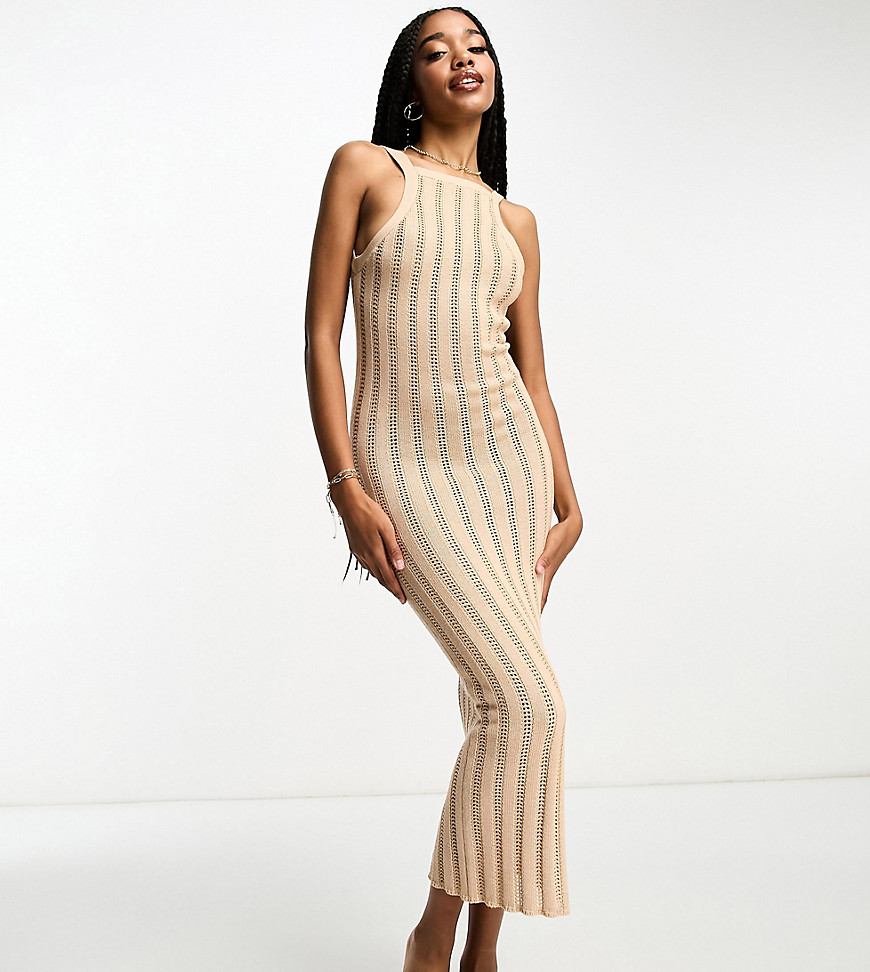 Asos Tall Asos Design Tall Knitted Chunky Midi Dress With Low Back In Stone-neutral