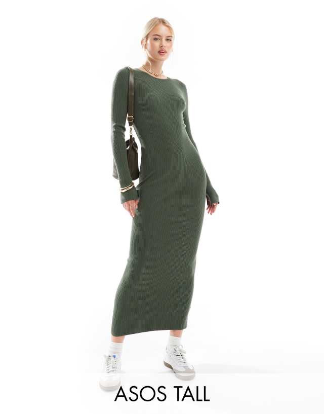 ASOS Tall - ASOS DESIGN Tall knitted crew neck maxi dress with cuff splits in khaki - KHAKI