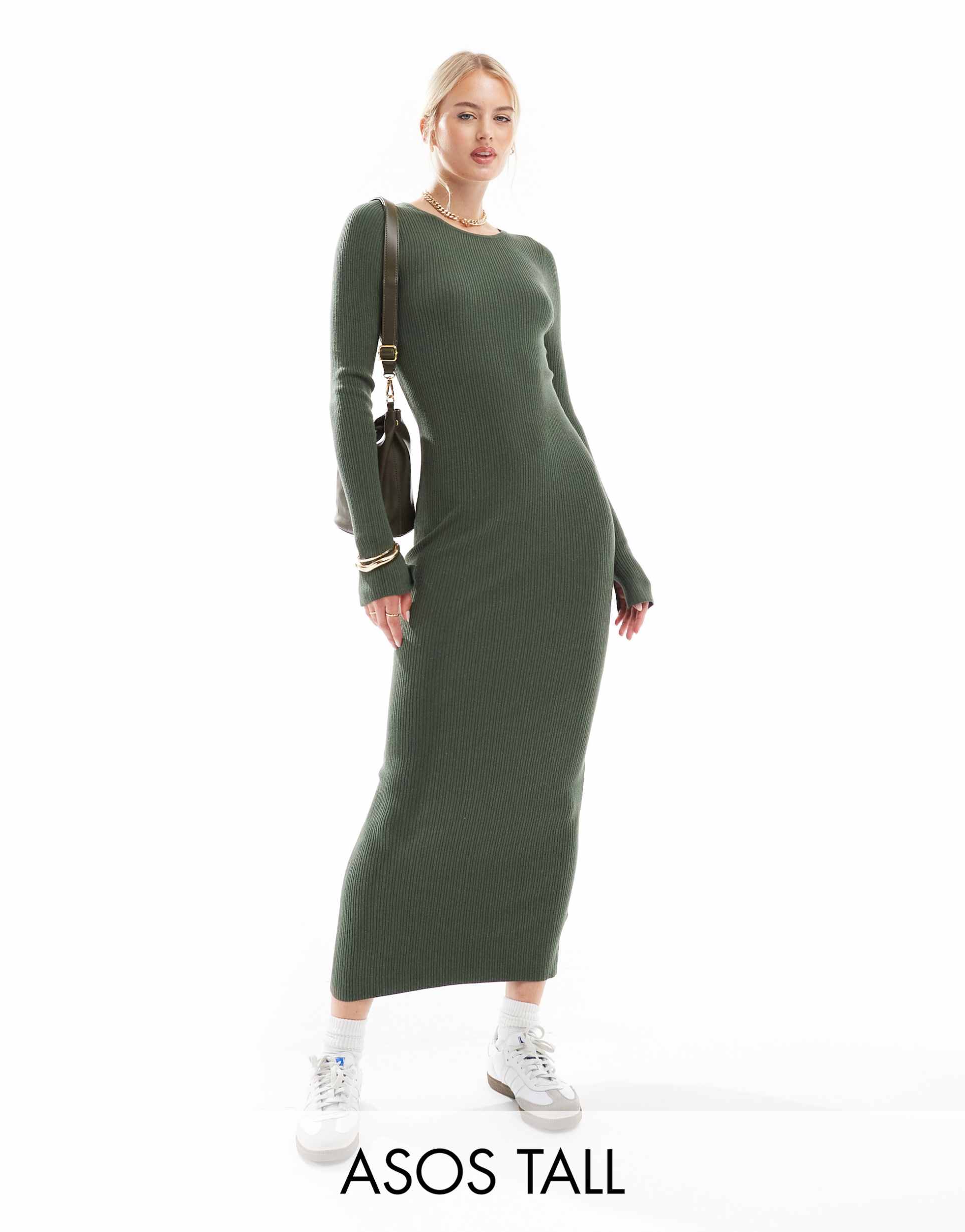 asos design tall knitted crew neck maxi dress with cuff splits in khaki