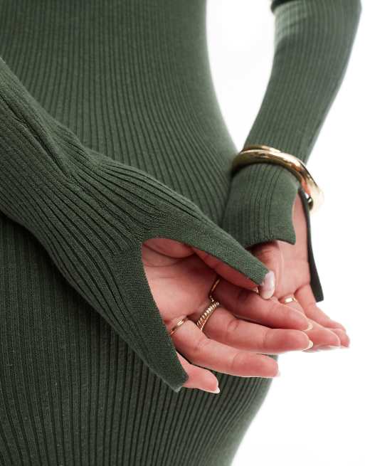 ASOS DESIGN Tall knitted crew neck maxi dress with cuff splits in khaki