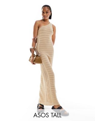 ASOS DESIGN Tall knitted crochet one shoulder maxi dress in stone