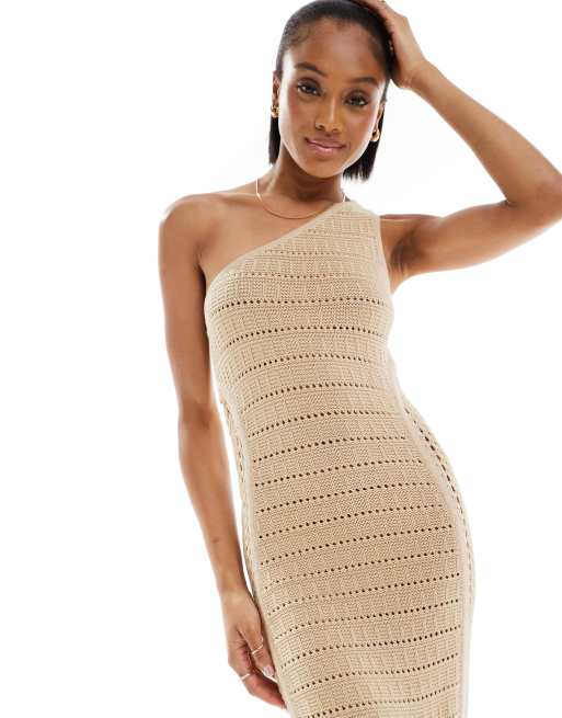 ASOS DESIGN Tall knitted crochet one shoulder maxi dress in stone ASOS