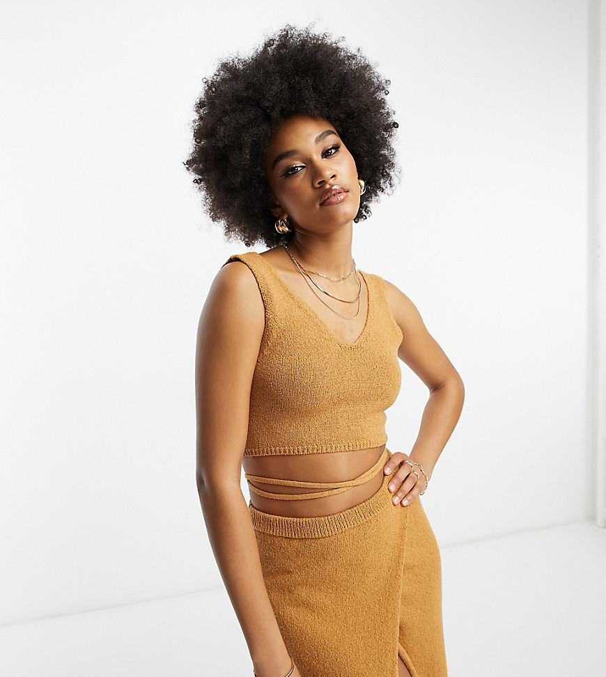 ASOS DESIGN Tall knitted crop top with tie back in textured yarn in camel co-ord-Neutral
