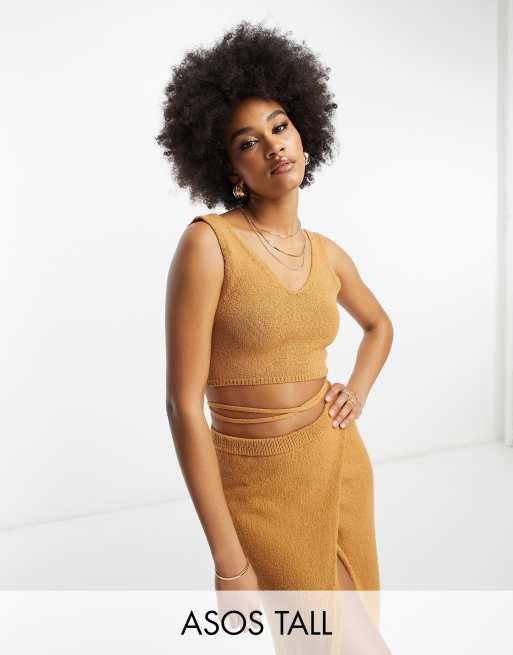 ASOS DESIGN Tall knitted crop top with tie back in textured yarn in camel  -part of a set