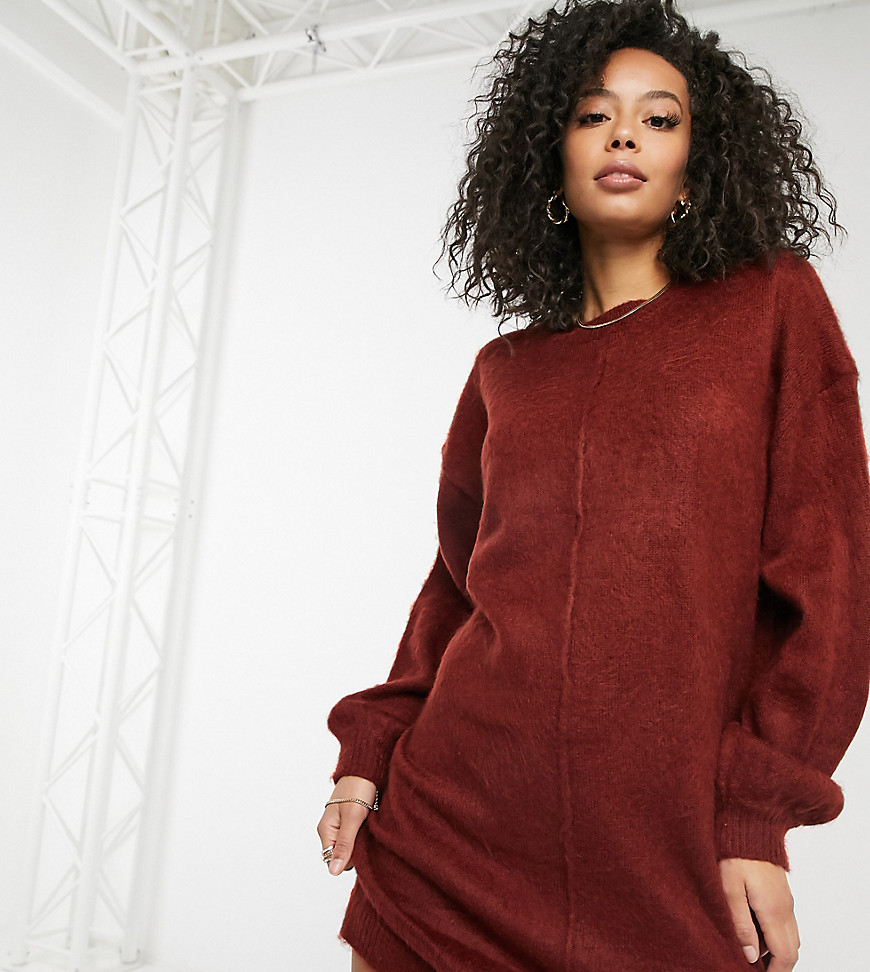 ASOS DESIGN Tall knitted dress with brushed yarn in dark red-Grey