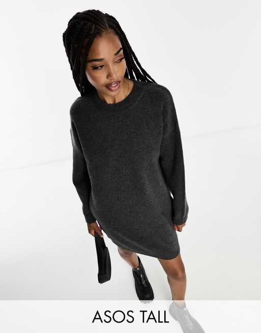 ASOS DESIGN Tall knitted jumper mini dress with crew neck in charcoal