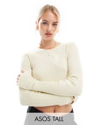 Asos Tall Asos Design Tall Knitted Long Sleeve Top With Crew Neck In Stone-neutral