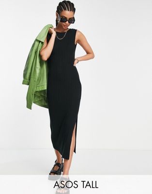 ASOS DESIGN Tall knitted maxi dress in wide rib with low back detail in black | ASOS