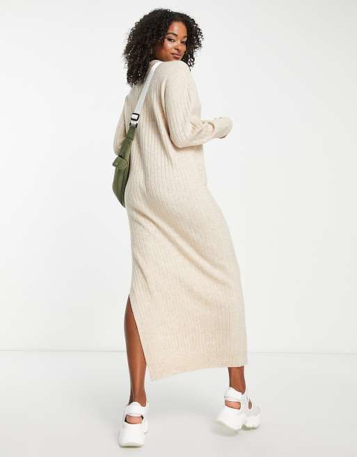 ASOS DESIGN Tall knitted maxi dress with side split in wide rib in oatmeal, 2 of 4