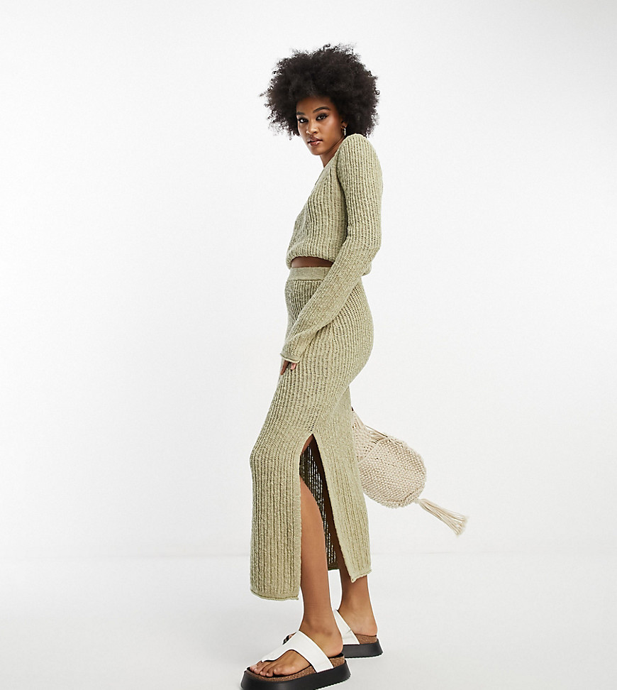 ASOS DESIGN Tall knitted maxi skirt in textured ladder stitch in khaki co-ord-Green