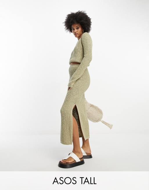 ASOS DESIGN Tall knitted maxi skirt in textured ladder stitch in khaki co ord