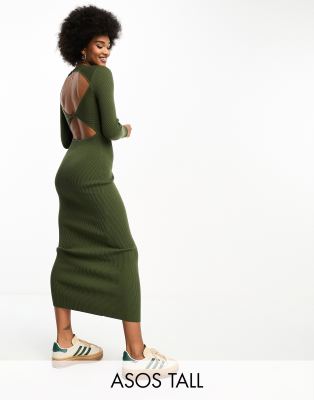 ASOS Tall ASOS DESIGN Tall knitted midi dress with cut out back detail in khaki-Green