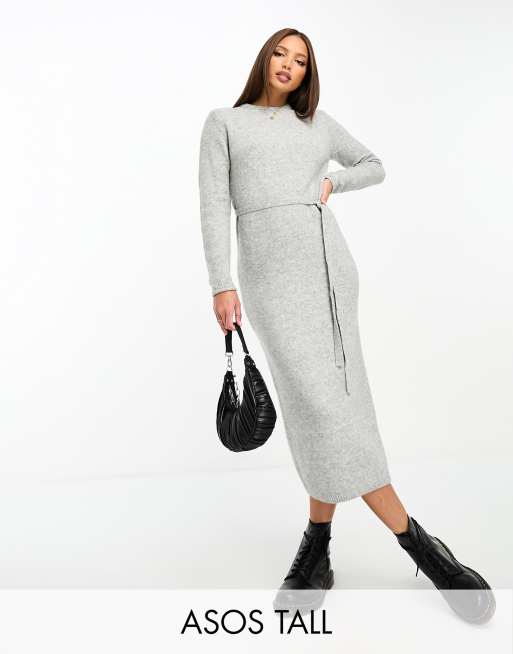 ASOS DESIGN Tall knitted midi dress with tie waist in gray