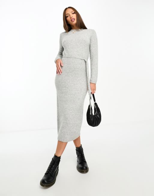 ASOS DESIGN Tall knitted midi dress with tie waist in gray , 4 of 4