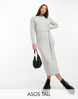 ASOS DESIGN Tall knitted midi dress with tie waist in grey | ASOS