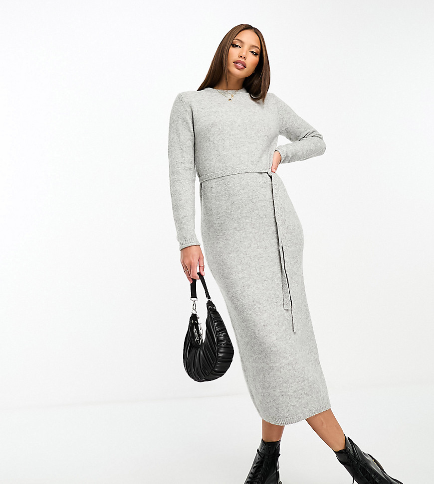 ASOS DESIGN Tall knitted midi dress with tie waist in grey