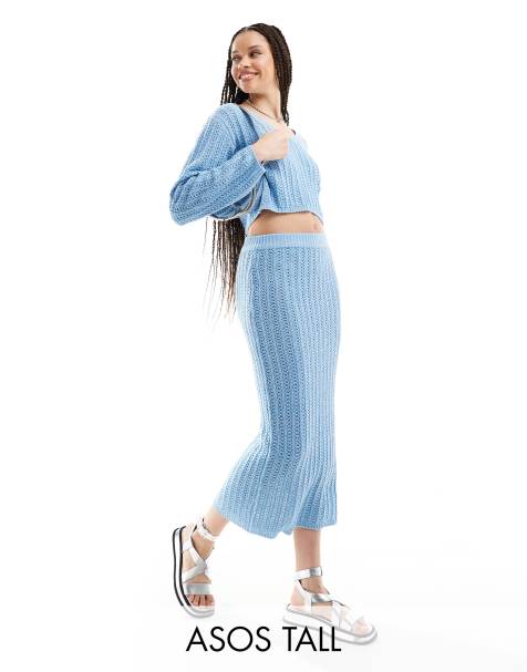 ASOS DESIGN Tall knitted midi skirt in open stitch co-ord in blue - view 1