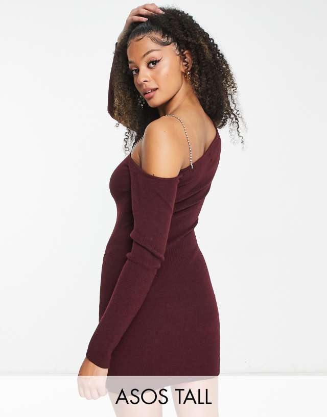 ASOS DESIGN Tall knitted mini dress with embellished strap in dark red