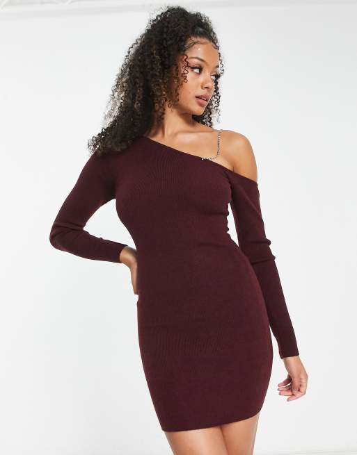 side Bliv klar perler ASOS DESIGN Tall knitted mini dress with embellished strap in dark red |  ASOS