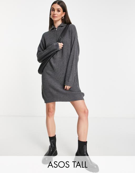 ASOS DESIGN Tall knitted mini dress with zip collar in charcoal gray