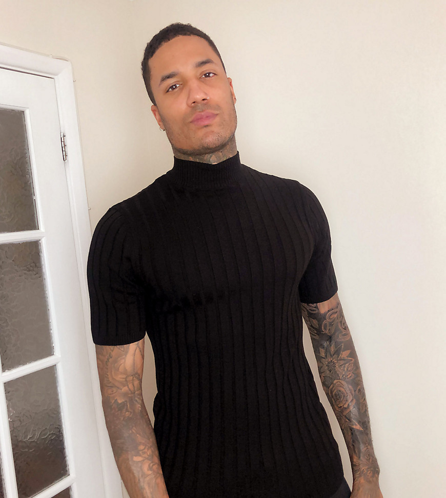 ASOS DESIGN Tall knitted muscle fit rib turtle neck t-shirt in black