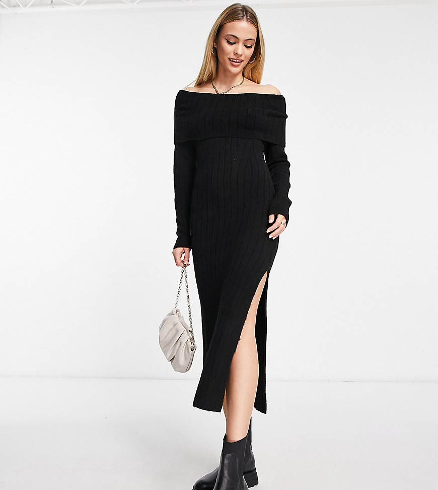 ASOS DESIGN Tall knitted off shoulder midi dress in black